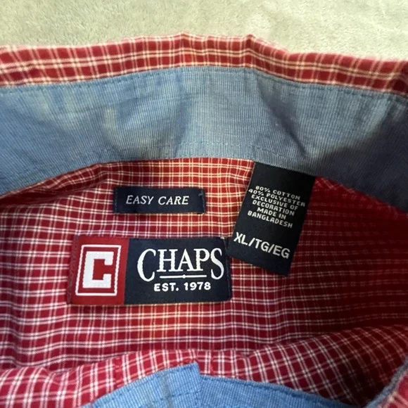 Chaps Mens Red Checkered Long Sleeve Button Down Shirt Easy Care Size XL White - Picture 3 of 6